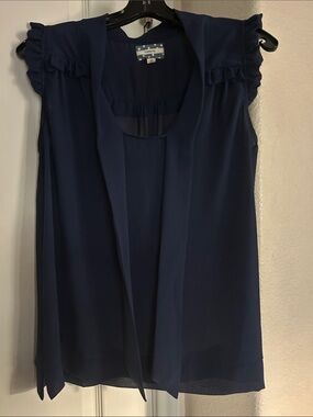 Comme Toi Navy Ruffle Cap-Sleeve Blouse with Neck Tie
